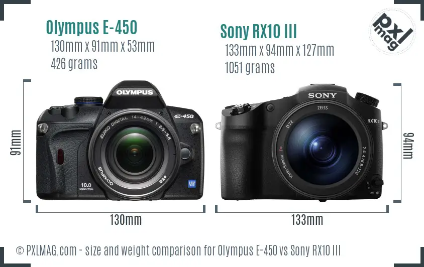Olympus E-450 vs Sony RX10 III size comparison