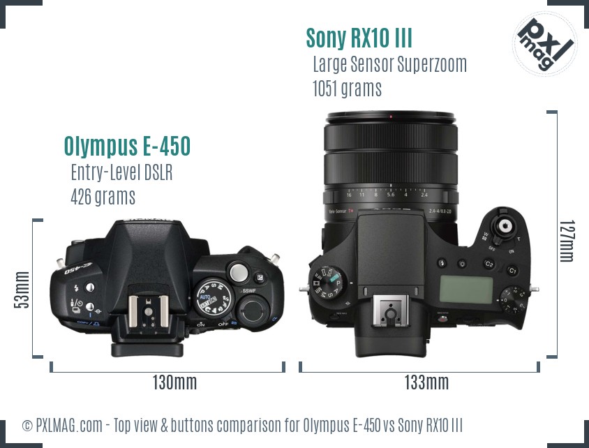 Olympus E-450 vs Sony RX10 III top view buttons comparison