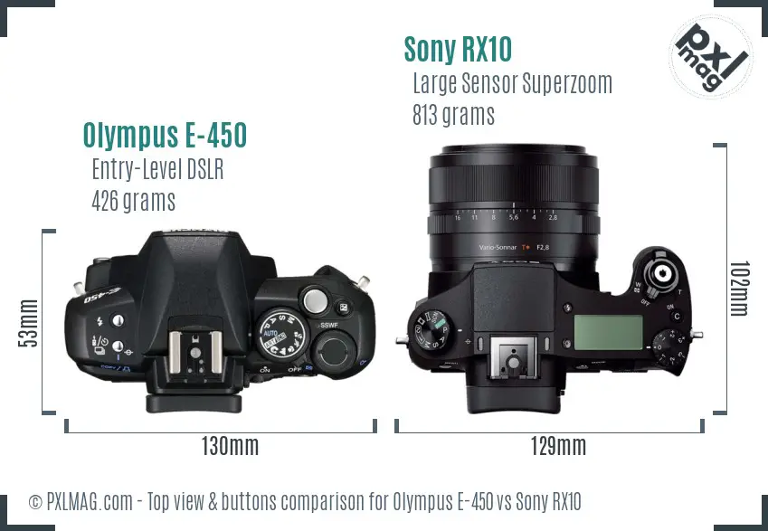 Olympus E-450 vs Sony RX10 top view buttons comparison