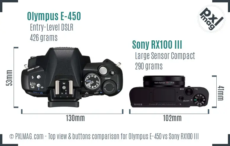 Olympus E-450 vs Sony RX100 III top view buttons comparison