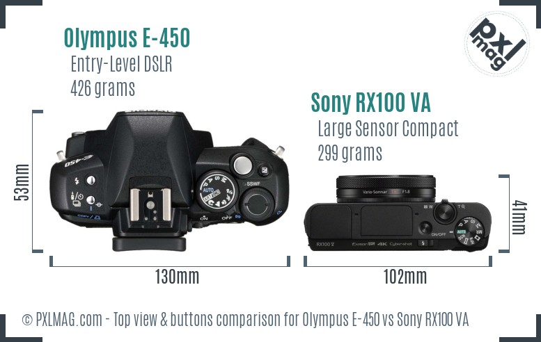 Olympus E-450 vs Sony RX100 VA top view buttons comparison