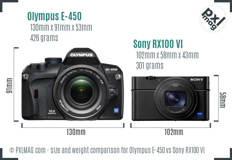 Olympus E-450 vs Sony RX100 VI size comparison Olympus E-450 vs Sony RX100 VI size comparison