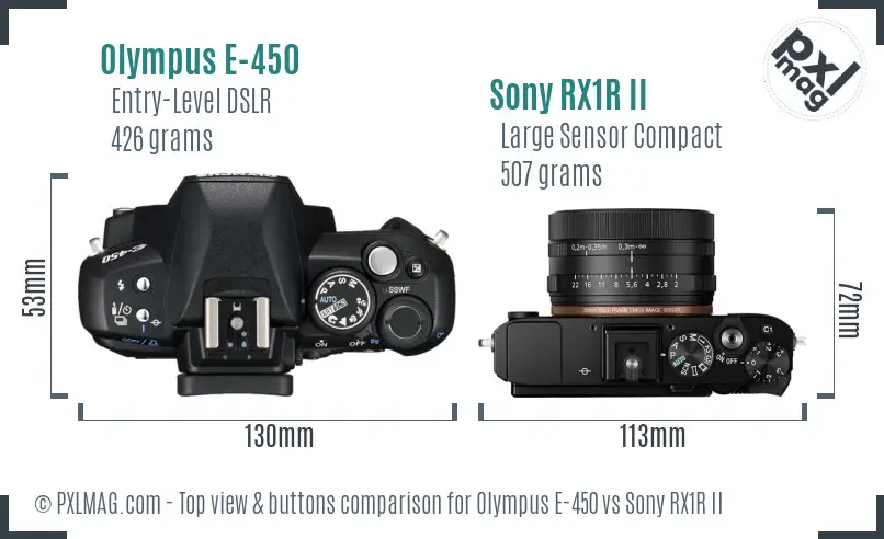 Olympus E-450 vs Sony RX1R II top view buttons comparison