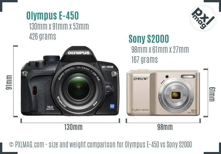 Olympus E-450 vs Sony S2000 size comparison