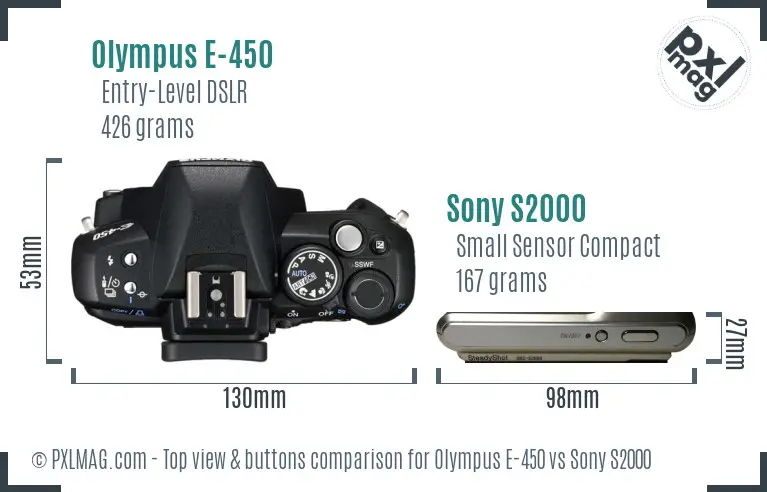 Olympus E-450 vs Sony S2000 top view buttons comparison