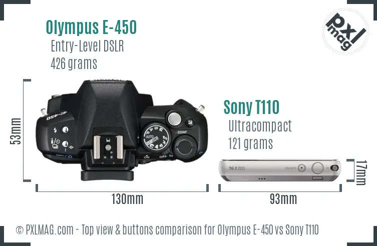 Olympus E-450 vs Sony T110 top view buttons comparison