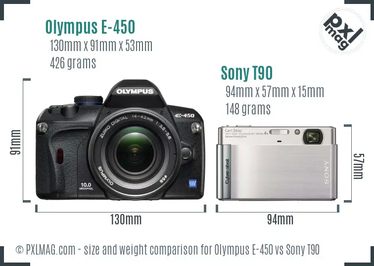 Olympus E-450 vs Sony T90 size comparison