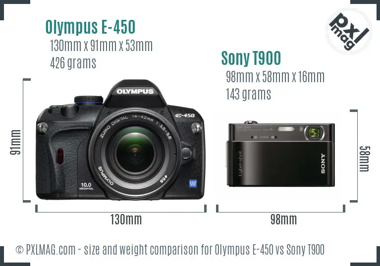 Olympus E-450 vs Sony T900 size comparison