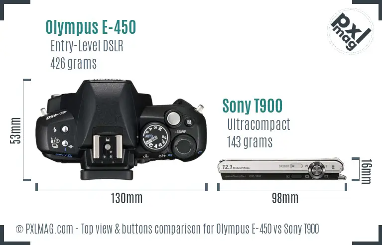 Olympus E-450 vs Sony T900 top view buttons comparison