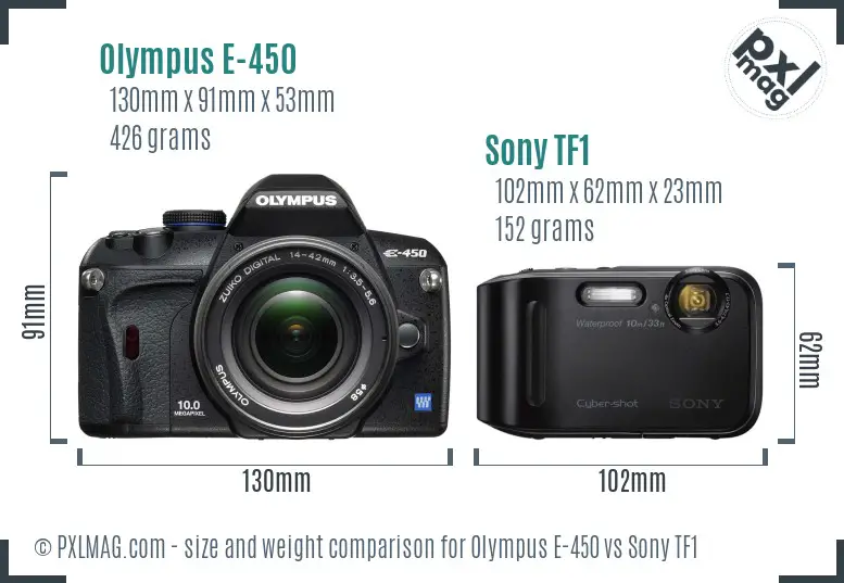 Olympus E-450 vs Sony TF1 size comparison Olympus E-450 vs Sony TF1 size comparison
