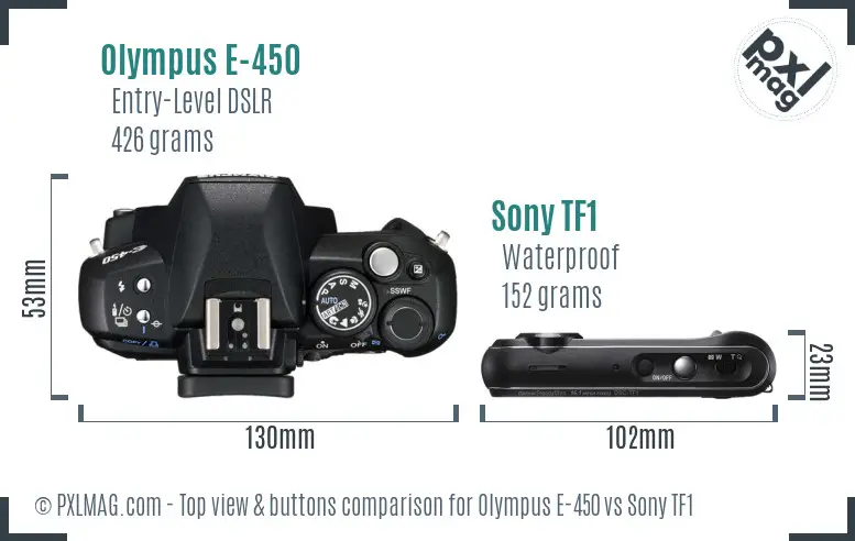 Olympus E-450 vs Sony TF1 top view buttons comparison Olympus E-450 vs Sony TF1 top view buttons comparison