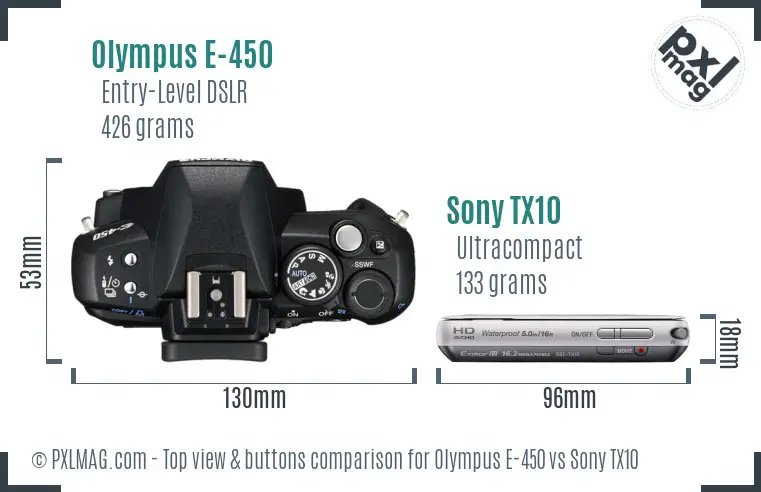 Olympus E-450 vs Sony TX10 top view buttons comparison