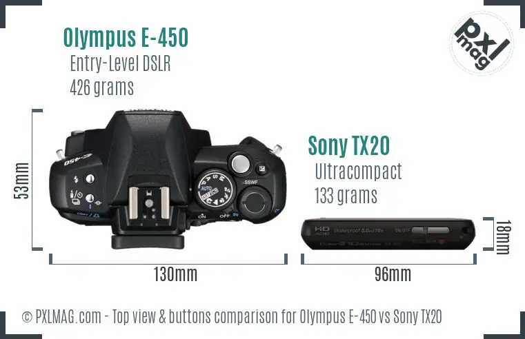 Olympus E-450 vs Sony TX20 top view buttons comparison Olympus E-450 vs Sony TX20 top view buttons comparison