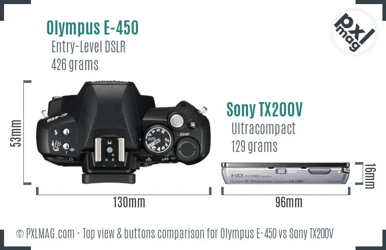 Olympus E-450 vs Sony TX200V top view buttons comparison Olympus E-450 vs Sony TX200V top view buttons comparison
