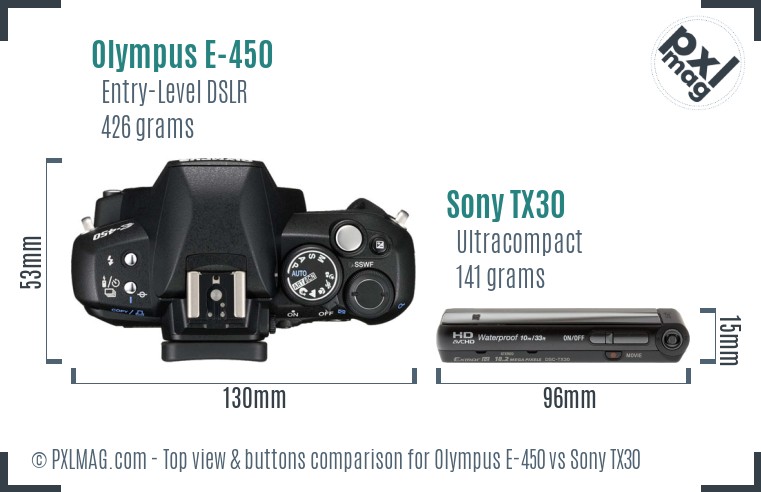 Olympus E-450 vs Sony TX30 top view buttons comparison