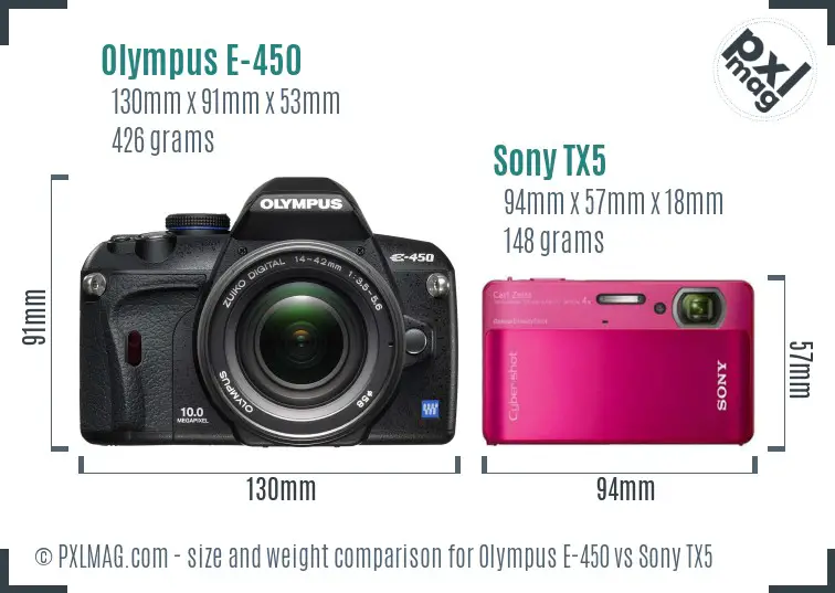 Olympus E-450 vs Sony TX5 size comparison Olympus E-450 vs Sony TX5 size comparison