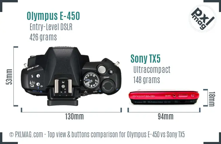 Olympus E-450 vs Sony TX5 top view buttons comparison Olympus E-450 vs Sony TX5 top view buttons comparison