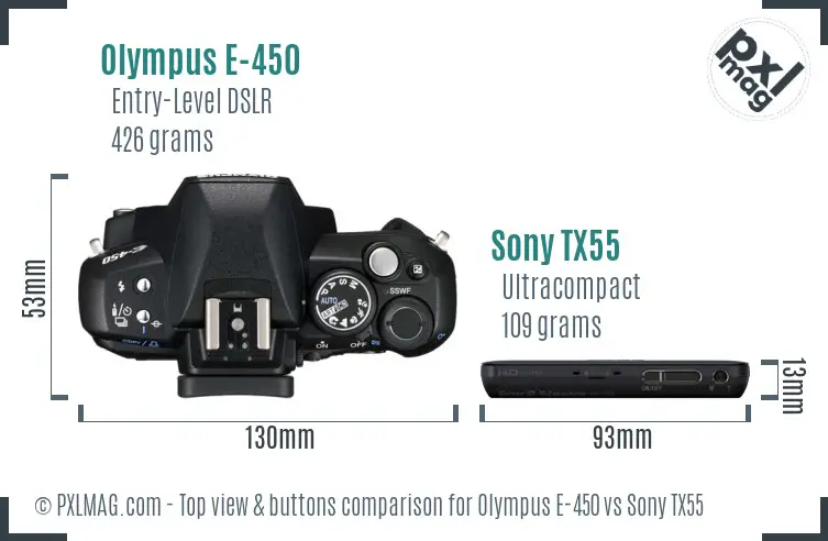 Olympus E-450 vs Sony TX55 top view buttons comparison Olympus E-450 vs Sony TX55 top view buttons comparison