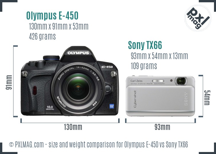 Olympus E-450 vs Sony TX66 size comparison