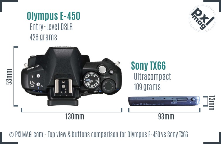 Olympus E-450 vs Sony TX66 top view buttons comparison