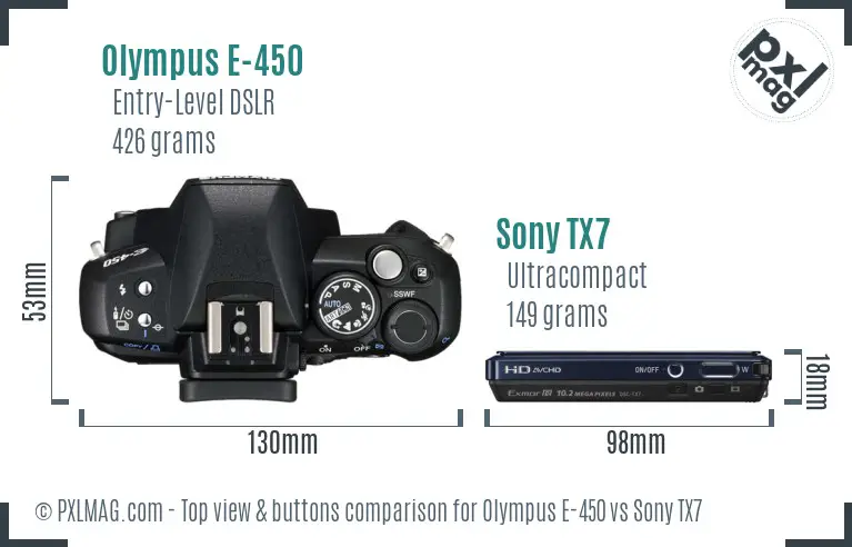 Olympus E-450 vs Sony TX7 top view buttons comparison