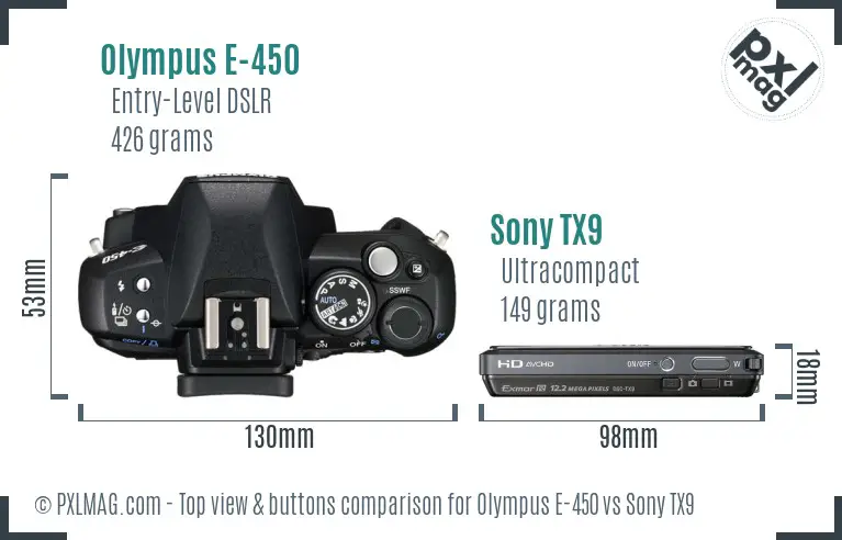 Olympus E-450 vs Sony TX9 top view buttons comparison Olympus E-450 vs Sony TX9 top view buttons comparison