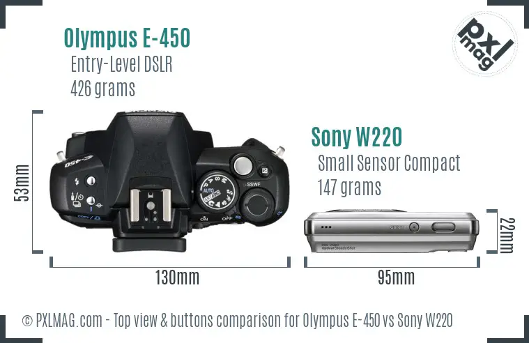 Olympus E-450 vs Sony W220 top view buttons comparison