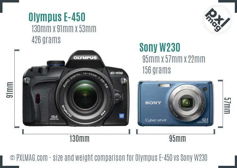 Olympus E-450 vs Sony W230 size comparison