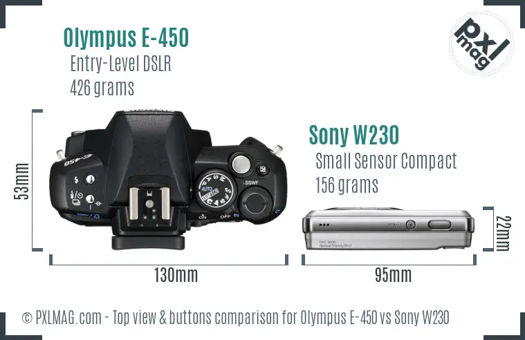 Olympus E-450 vs Sony W230 top view buttons comparison