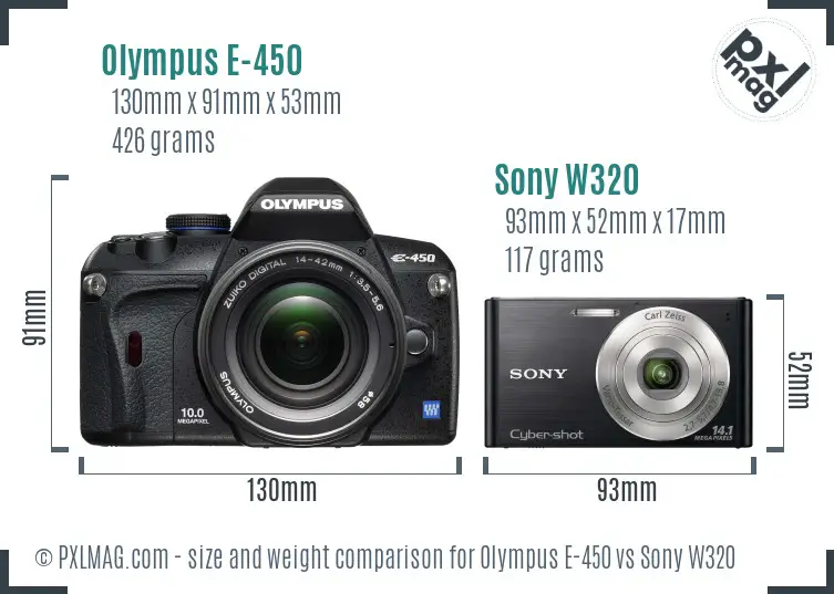 Olympus E-450 vs Sony W320 size comparison