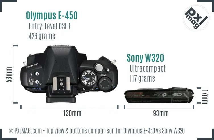 Olympus E-450 vs Sony W320 top view buttons comparison