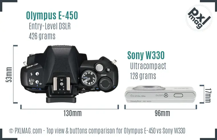 Olympus E-450 vs Sony W330 top view buttons comparison Olympus E-450 vs Sony W330 top view buttons comparison