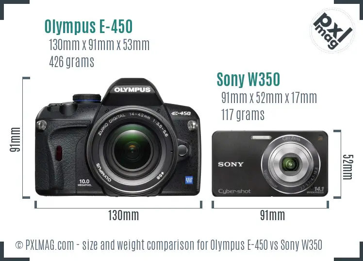 Olympus E-450 vs Sony W350 size comparison