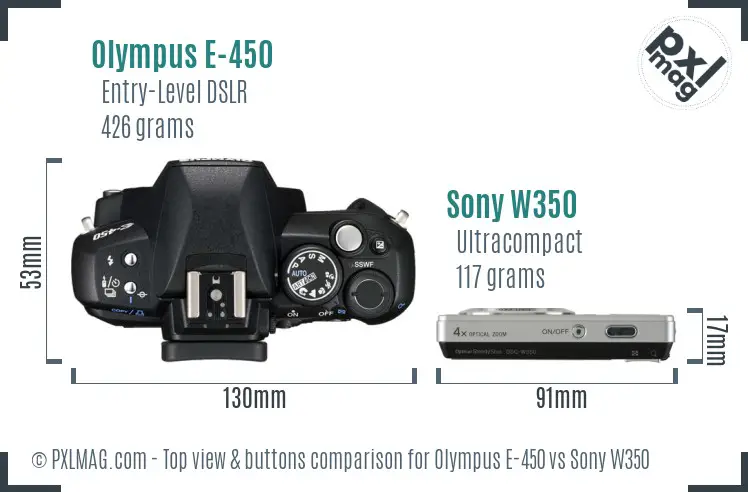 Olympus E-450 vs Sony W350 top view buttons comparison