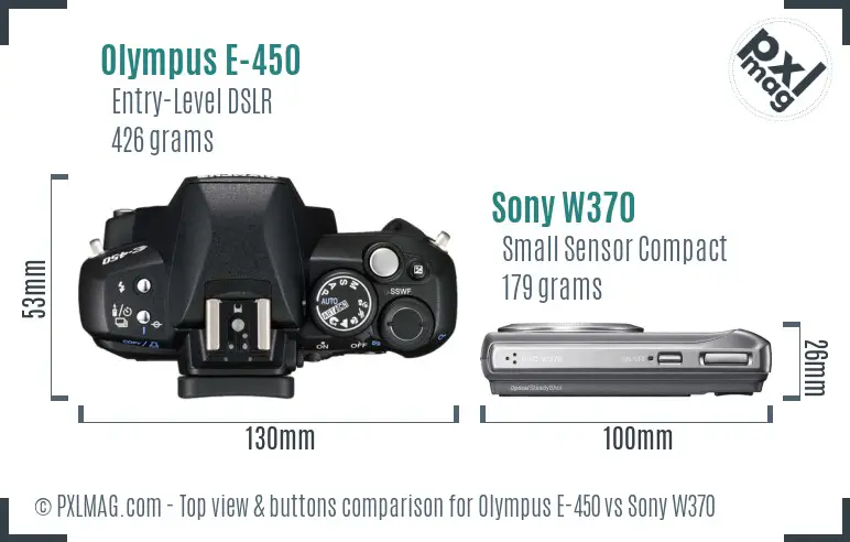 Olympus E-450 vs Sony W370 top view buttons comparison