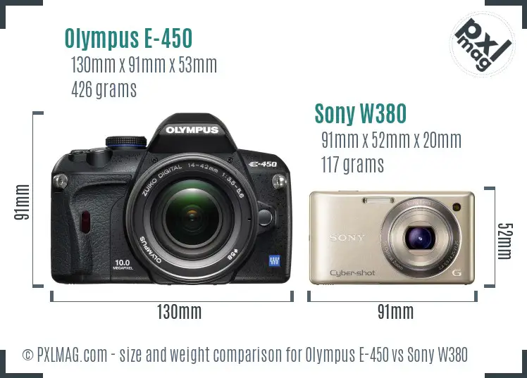 Olympus E-450 vs Sony W380 size comparison