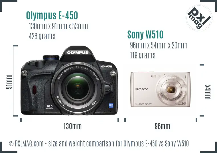 Olympus E-450 vs Sony W510 size comparison Olympus E-450 vs Sony W510 size comparison