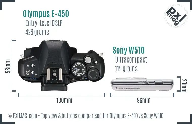 Olympus E-450 vs Sony W510 top view buttons comparison Olympus E-450 vs Sony W510 top view buttons comparison