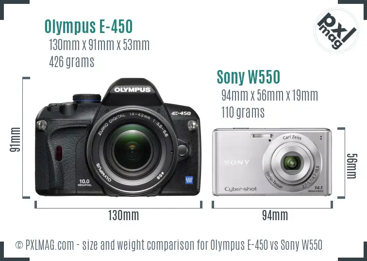 Olympus E-450 vs Sony W550 size comparison