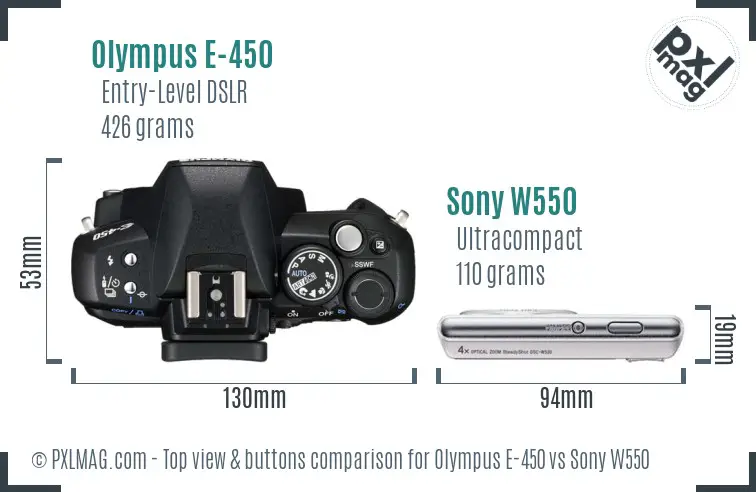 Olympus E-450 vs Sony W550 top view buttons comparison