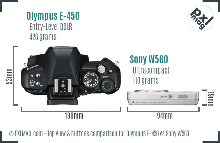 Olympus E-450 vs Sony W560 top view buttons comparison