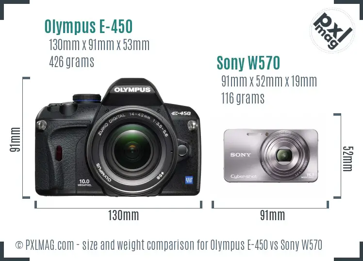 Olympus E-450 vs Sony W570 size comparison