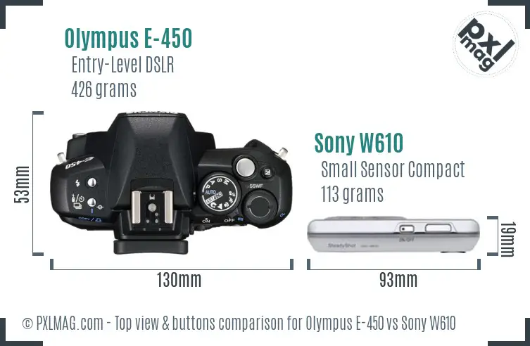 Olympus E-450 vs Sony W610 top view buttons comparison