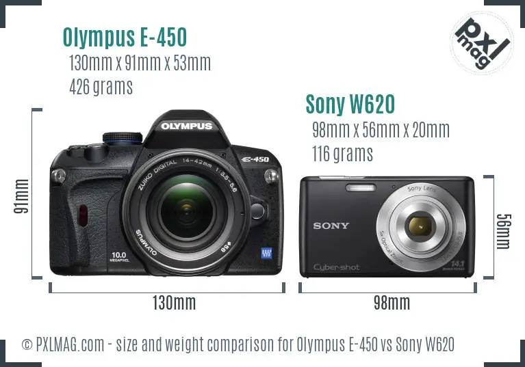 Olympus E-450 vs Sony W620 size comparison