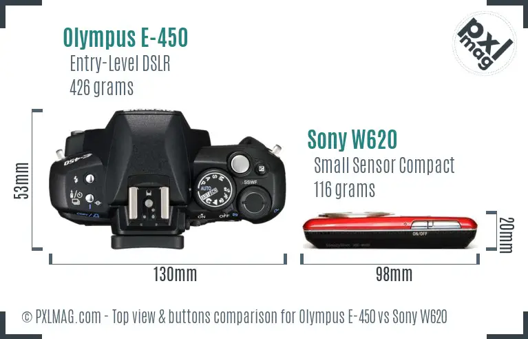 Olympus E-450 vs Sony W620 top view buttons comparison