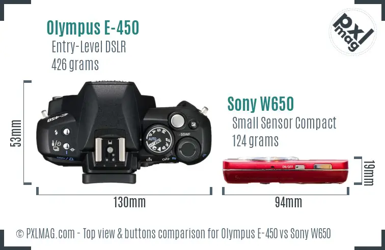 Olympus E-450 vs Sony W650 top view buttons comparison Olympus E-450 vs Sony W650 top view buttons comparison