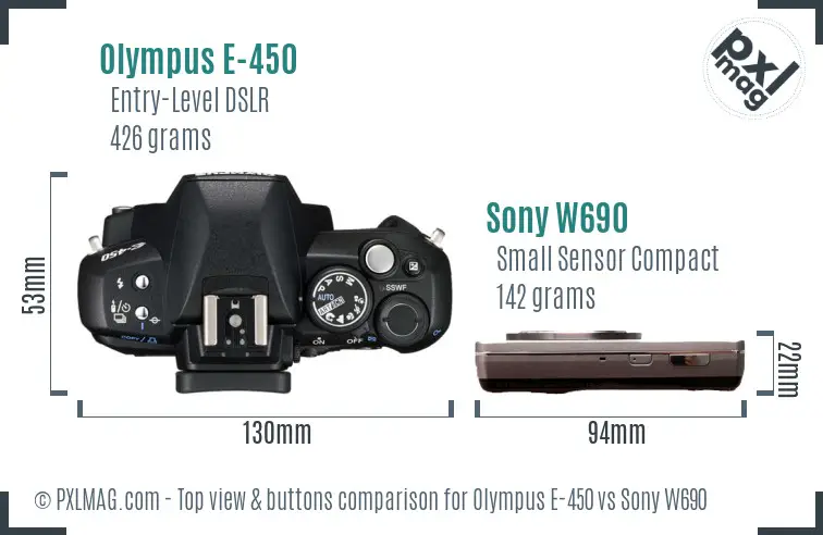 Olympus E-450 vs Sony W690 top view buttons comparison