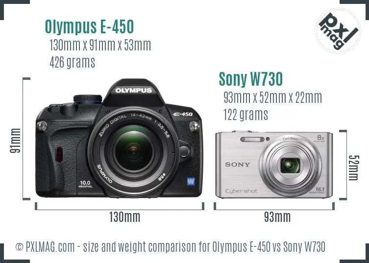 Olympus E-450 vs Sony W730 size comparison