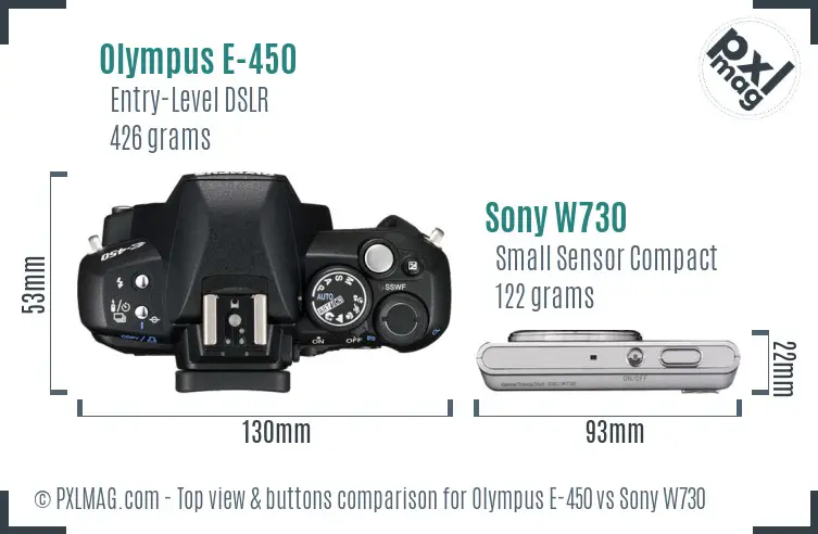 Olympus E-450 vs Sony W730 top view buttons comparison