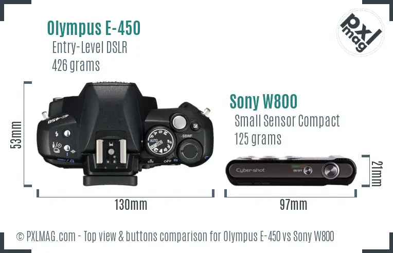 Olympus E-450 vs Sony W800 top view buttons comparison